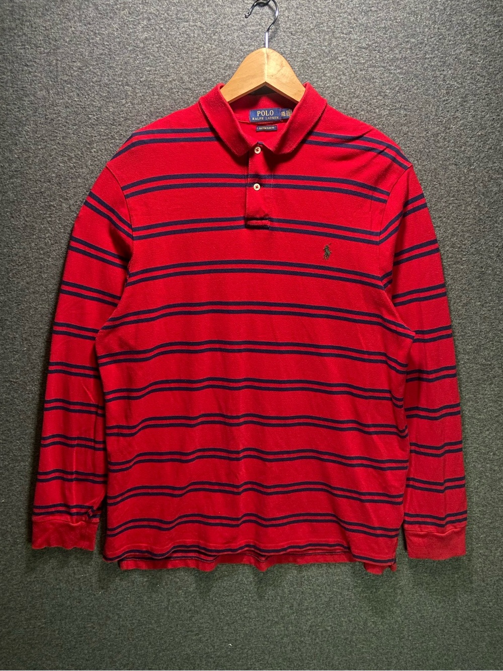 Polo Ralph Lauren Long Sleeve Polo Shirt Mens XXL Custom Slim Fit Red BlueStripe